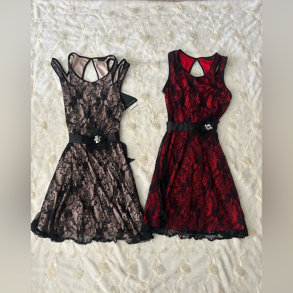 TWO Elegant Sleeveless Red and Black Lace Overlay Dress with Blush Lining